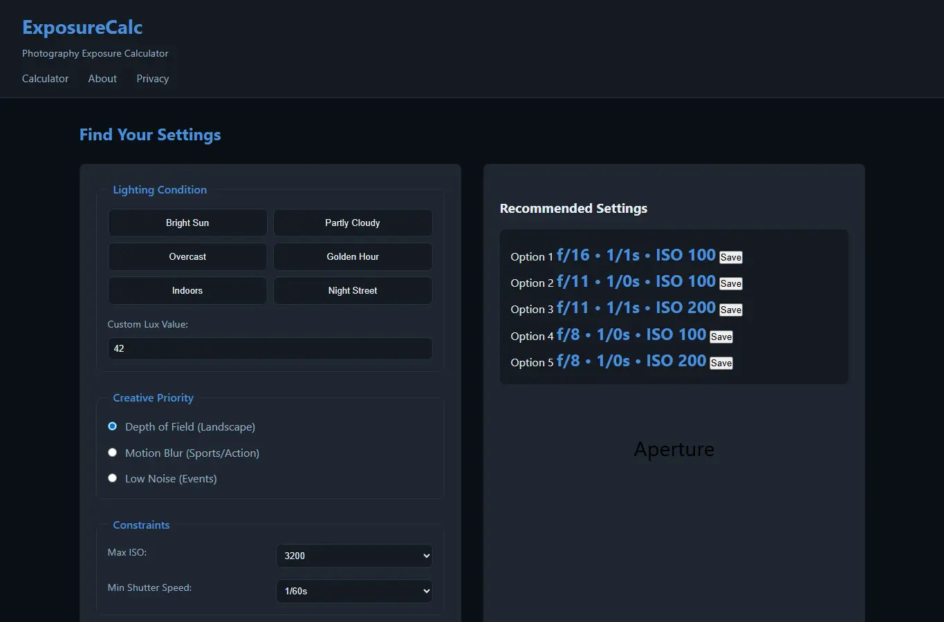 Screenshot of ExposureCalc - Photography Exposure Calculator interface showing the project page in use